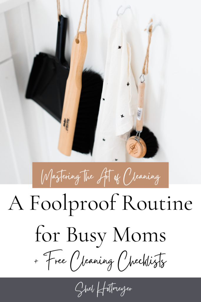 Mastering the Art of Cleaning: A foolproof routine for busy moms featured image that shows different cleaning utensils hanging from a wall. (dust pan, brush, towel, and a smaller brush).